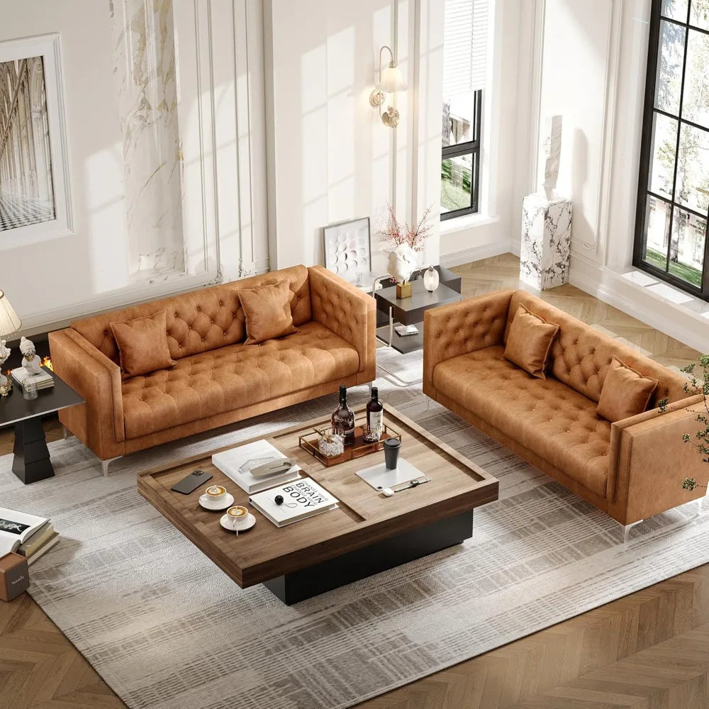 79" W Brown Faux Leather Sofa Couch with 2 Pillows