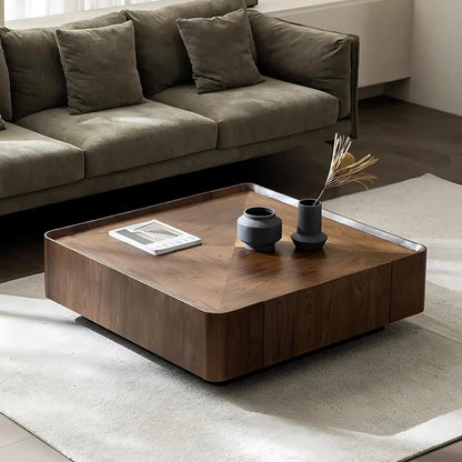 35.43" Luxury Walnut Wood Square Coffee Table, 
 Storage