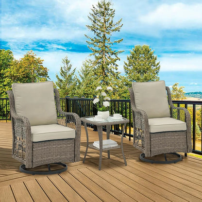 3-Piece Wicker Swivel Rocking Patio Set, 2 Chairs & Glass Table,