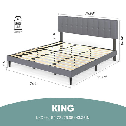 Wooden Solid Bed Frame with Fabric Upholstered