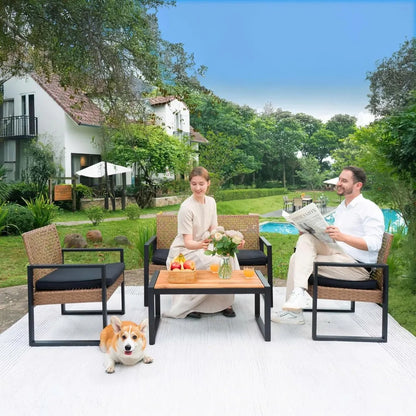 Wicker Patio Furniture, Set of 4, Acacia Wood Table, 2 Rattan Chairs, 1 Loveseat