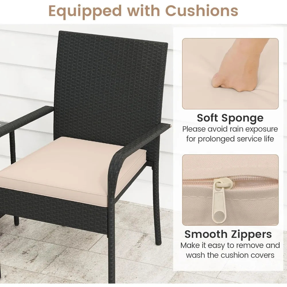 3 Pieces Patio Furniture Set, Cushioned Chairs with 2-Tier Tempered Glass Tabletop