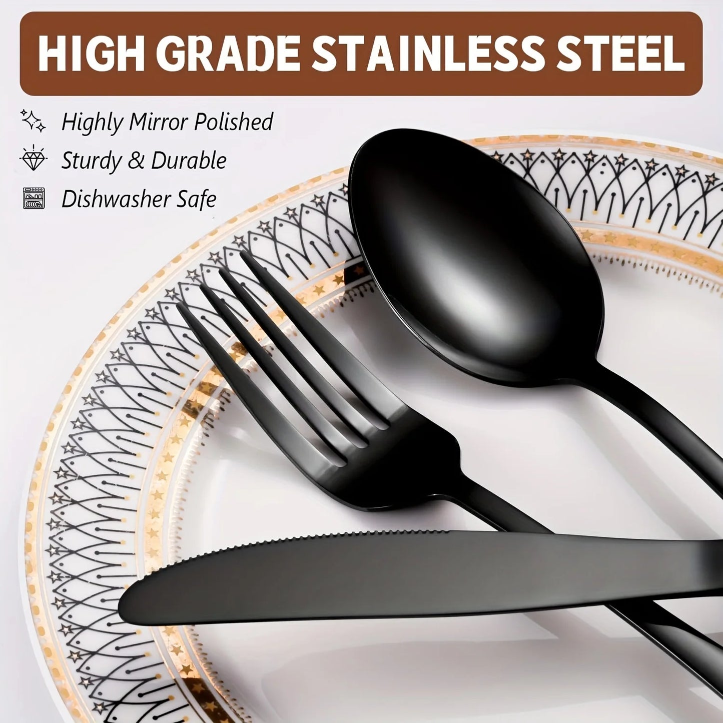 60pcs, Black Silverware Mirror Polished Cutlery Set