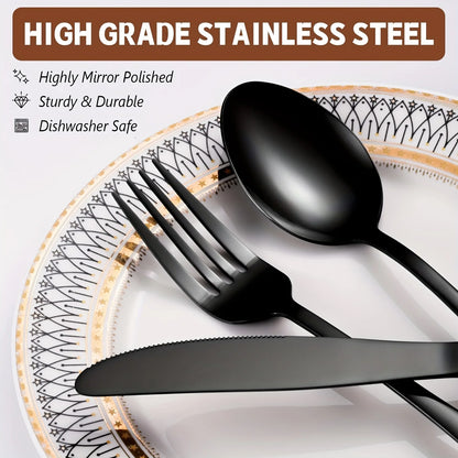 60pcs, Black Silverware Mirror Polished Cutlery Set