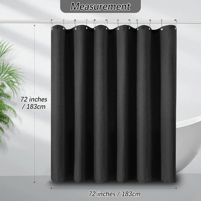 Black Waffle Shower Curtain 256GSM Heavy Duty Fabric Bathroom Curtain with 12 Hooks, 72x72