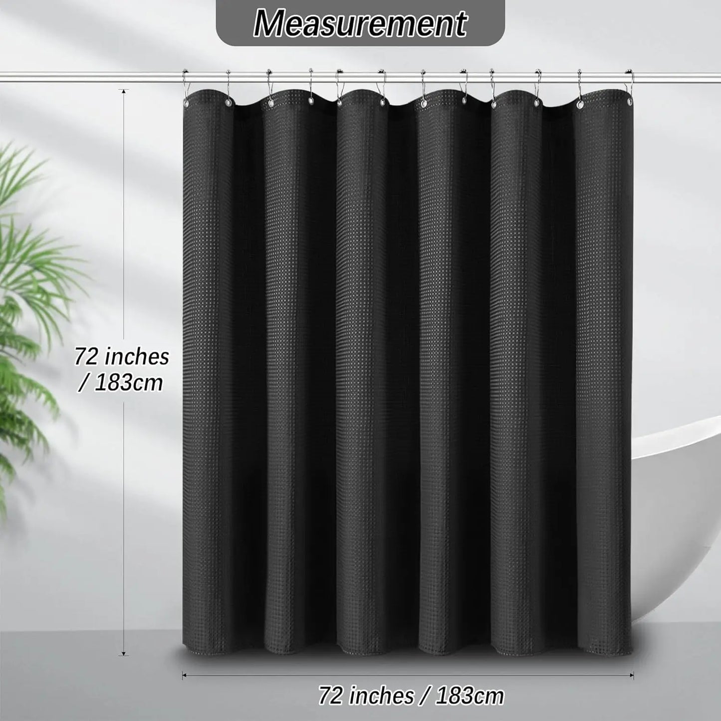 Black Waffle Shower Curtain 256GSM Heavy Duty Fabric Bathroom Curtain with 12 Hooks, 72x72