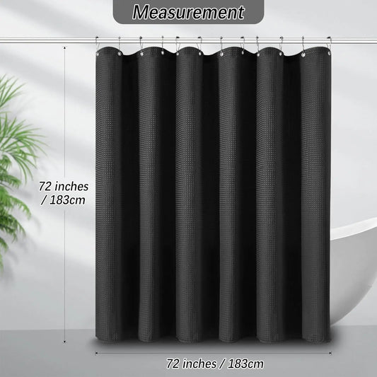 Black Waffle Shower Curtain 256GSM Heavy Duty Fabric Bathroom Curtain with 12 Hooks, 72x72