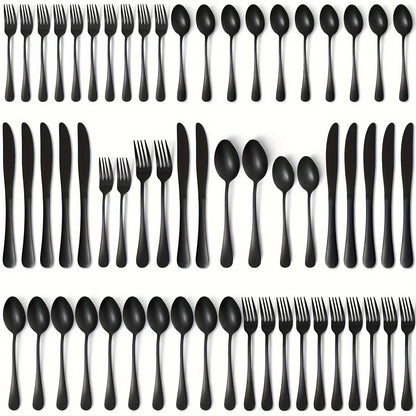60pcs, Black Silverware Mirror Polished Cutlery Set
