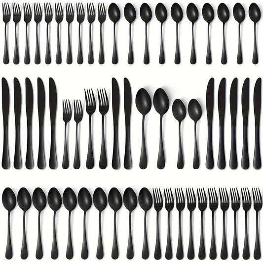 60pcs, Black Silverware Mirror Polished Cutlery Set