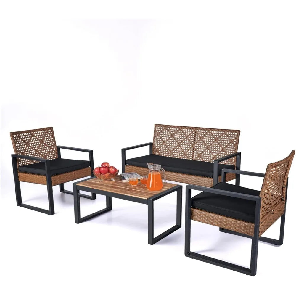 Wicker Patio Furniture, Set of 4, Acacia Wood Table, 2 Rattan Chairs, 1 Loveseat