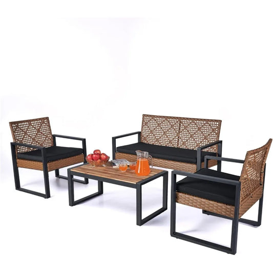Wicker Patio Furniture, Set of 4, Acacia Wood Table, 2 Rattan Chairs, 1 Loveseat