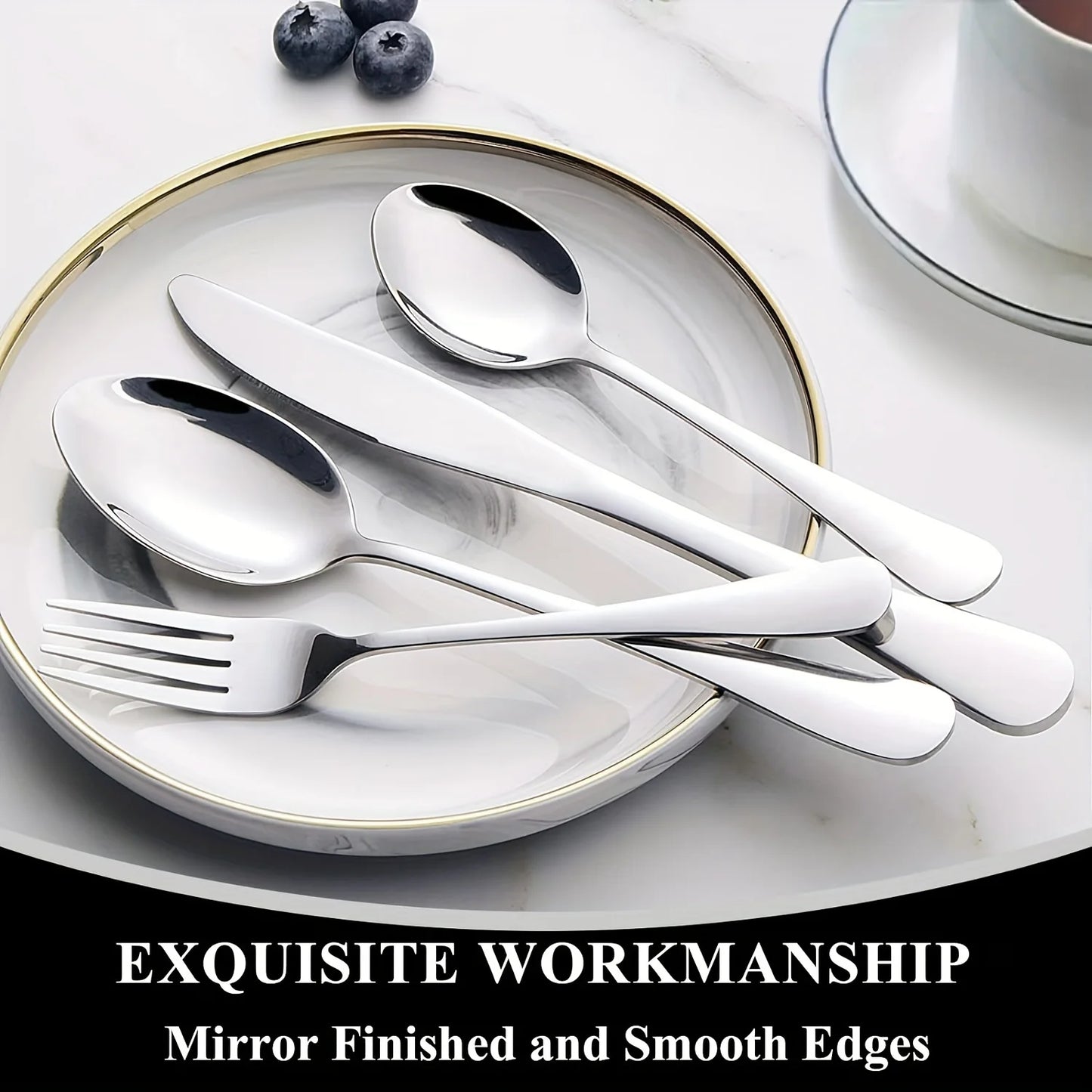 60pcs, Black Silverware Mirror Polished Cutlery Set