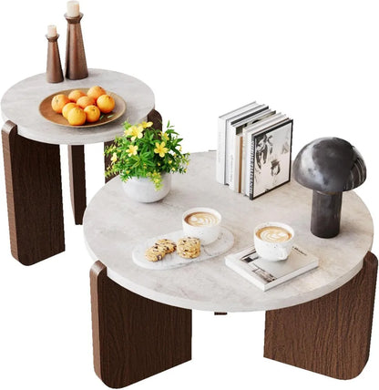 Modern Round Coffee Table & Side Table Set, Faux Marble Top, Walnut  Legs,