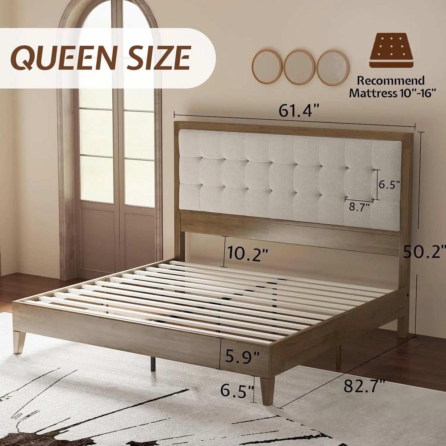 Wood Queen Size Bed Frame,Tall Upholstered Tufted Headboard,