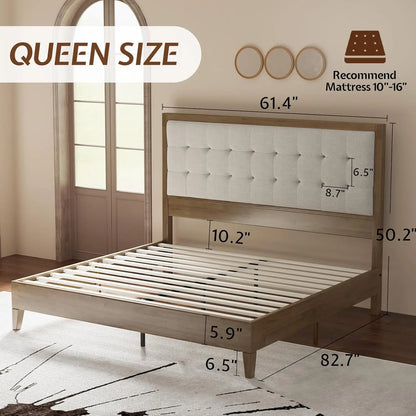 Wood Queen Size Bed Frame,Tall Upholstered Tufted Headboard,