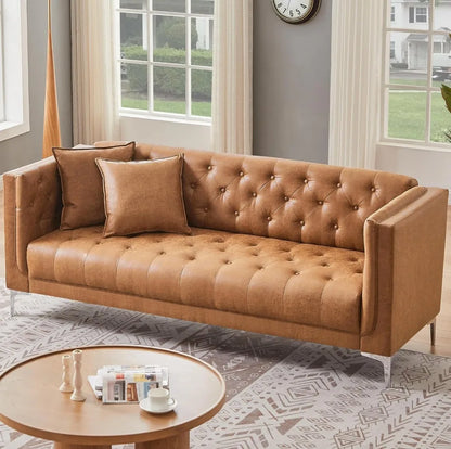 79" W Brown Faux Leather Sofa Couch with 2 Pillows