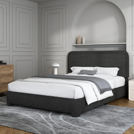 Queen Bed Frame with Headboard Boucle Upholstered Platform Bed