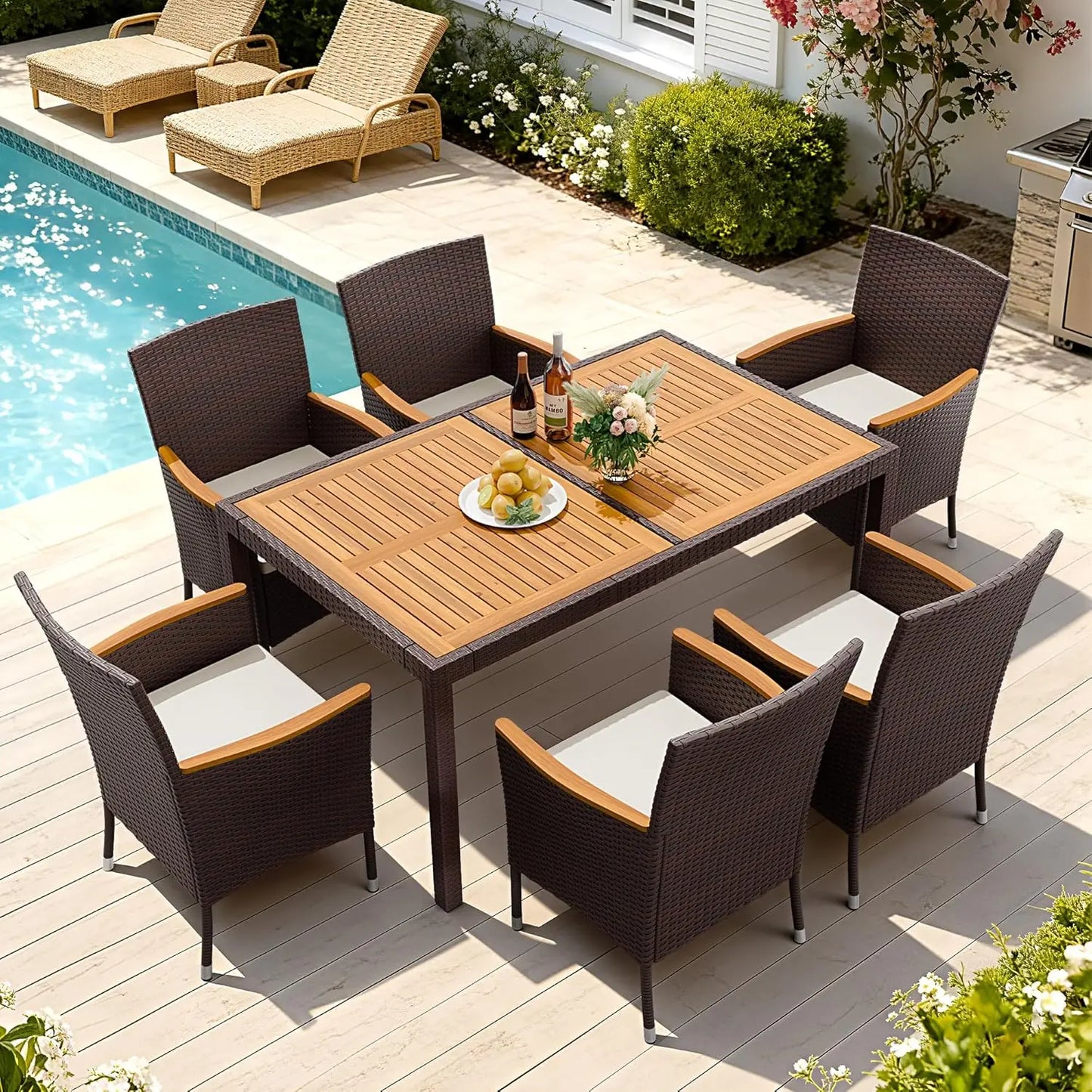 7 PCS Patio Furniture Set with Acacia Wood Table Top