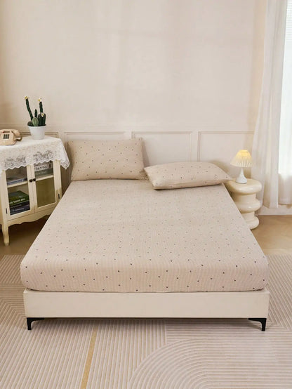 2/3pcs Khaki Striped Heart & Geometric Print Bedding Set