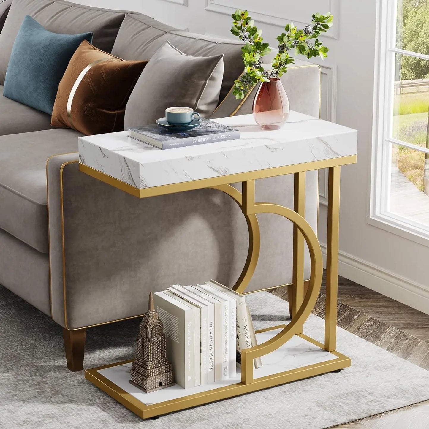 White Gold  C Shaped, Modern Small Side Table