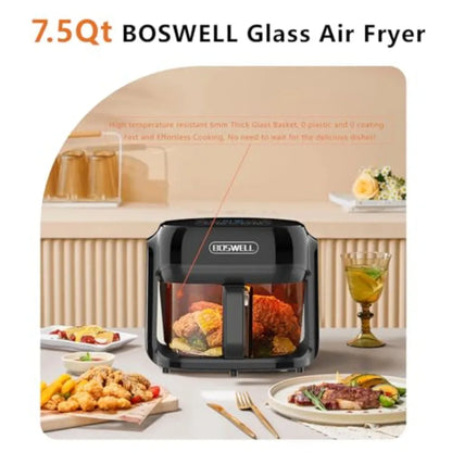 7.5QT Glass Air Fryer with Transparent Fry Bowl
