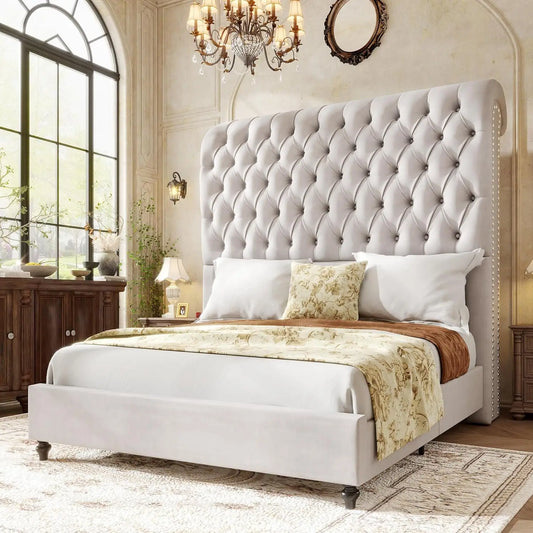 Queen Size Bed Frame with Velvet Headboard, Handcrafted Tufted Design