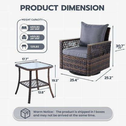 3 Pcs Patio Bistro Set with Table Set, Wicker Patio Furniture Set