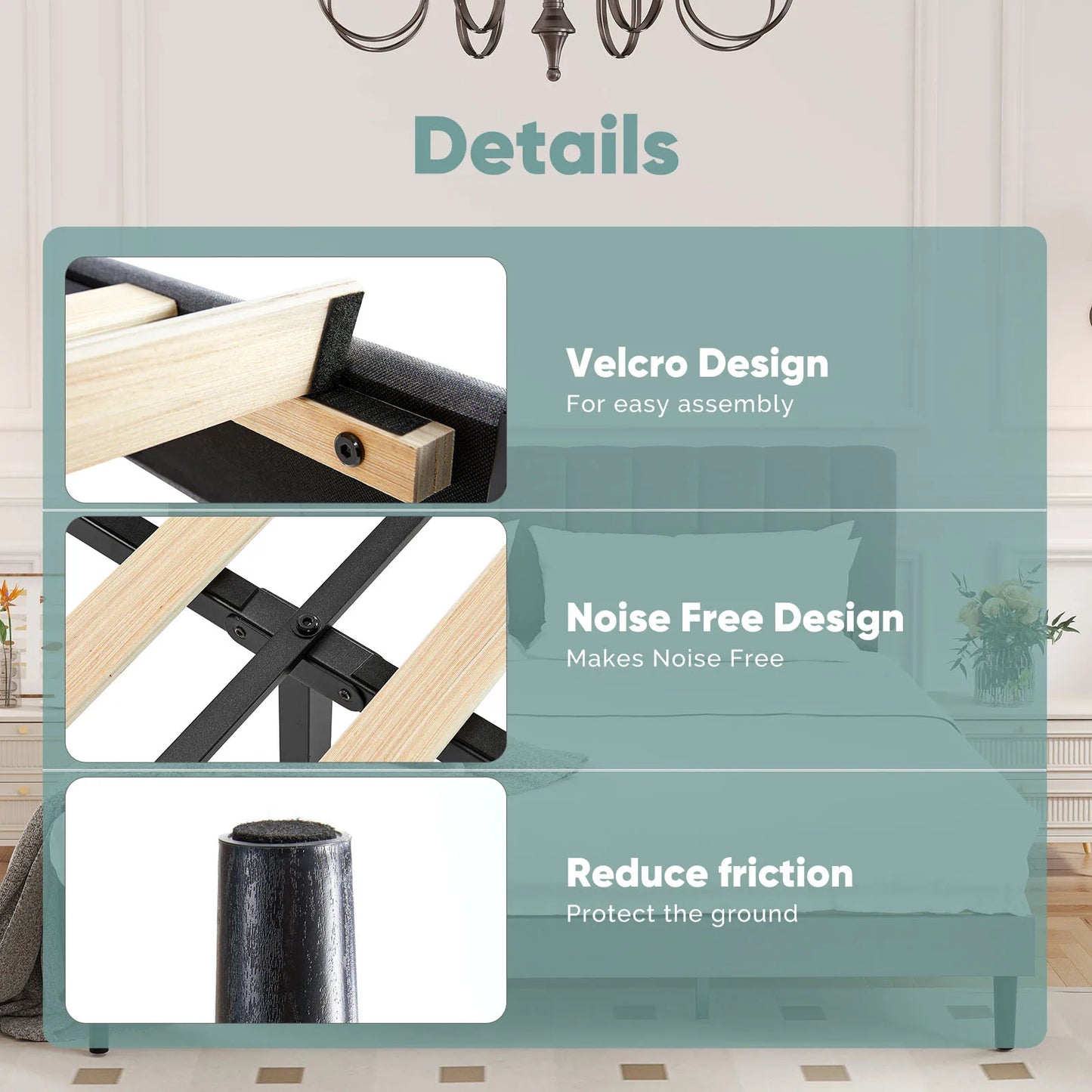 Wooden Solid Bed Frame with Fabric Upholstered