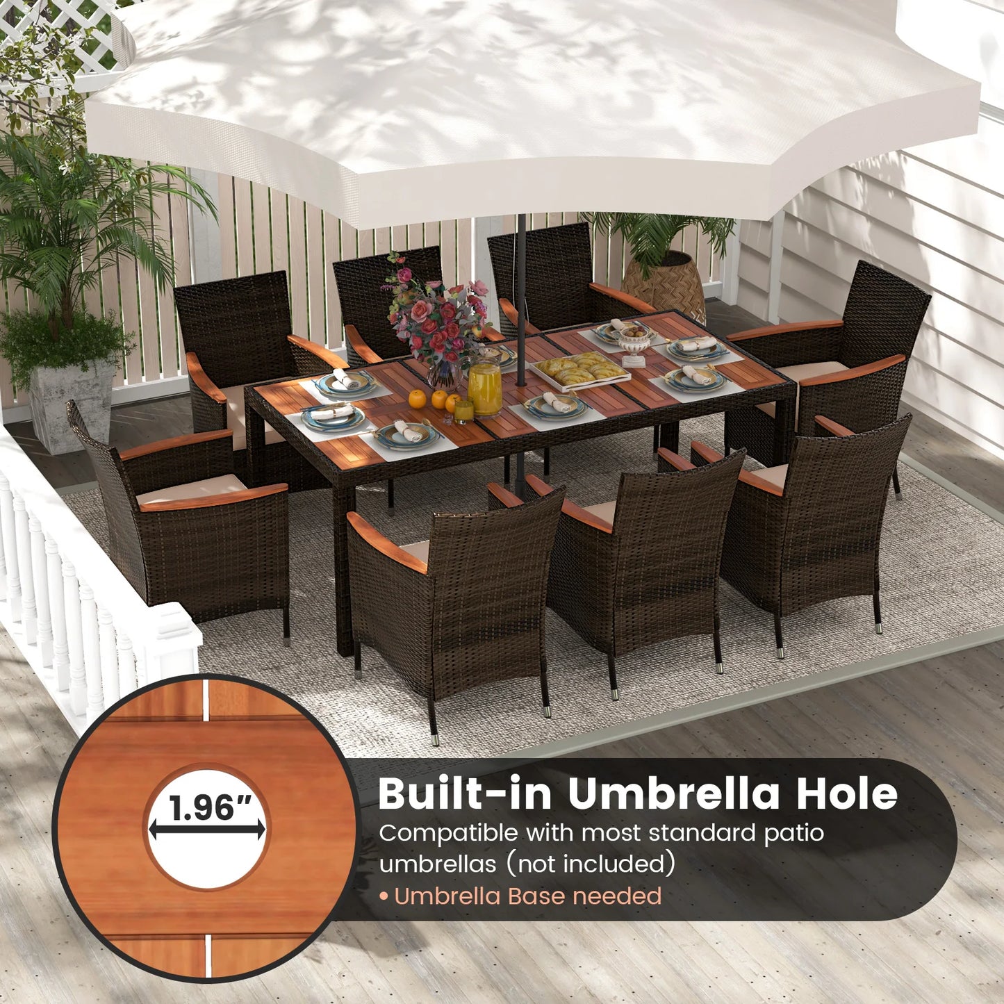 9PCS Patio Wicker Dining Set, Acacia Wood Table Top