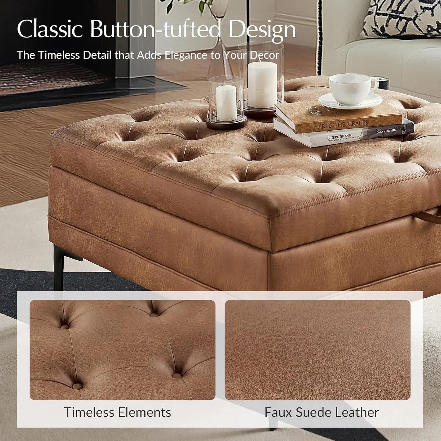 Faux Leather Coffee Table, 36.5" Square Storage Ottoman