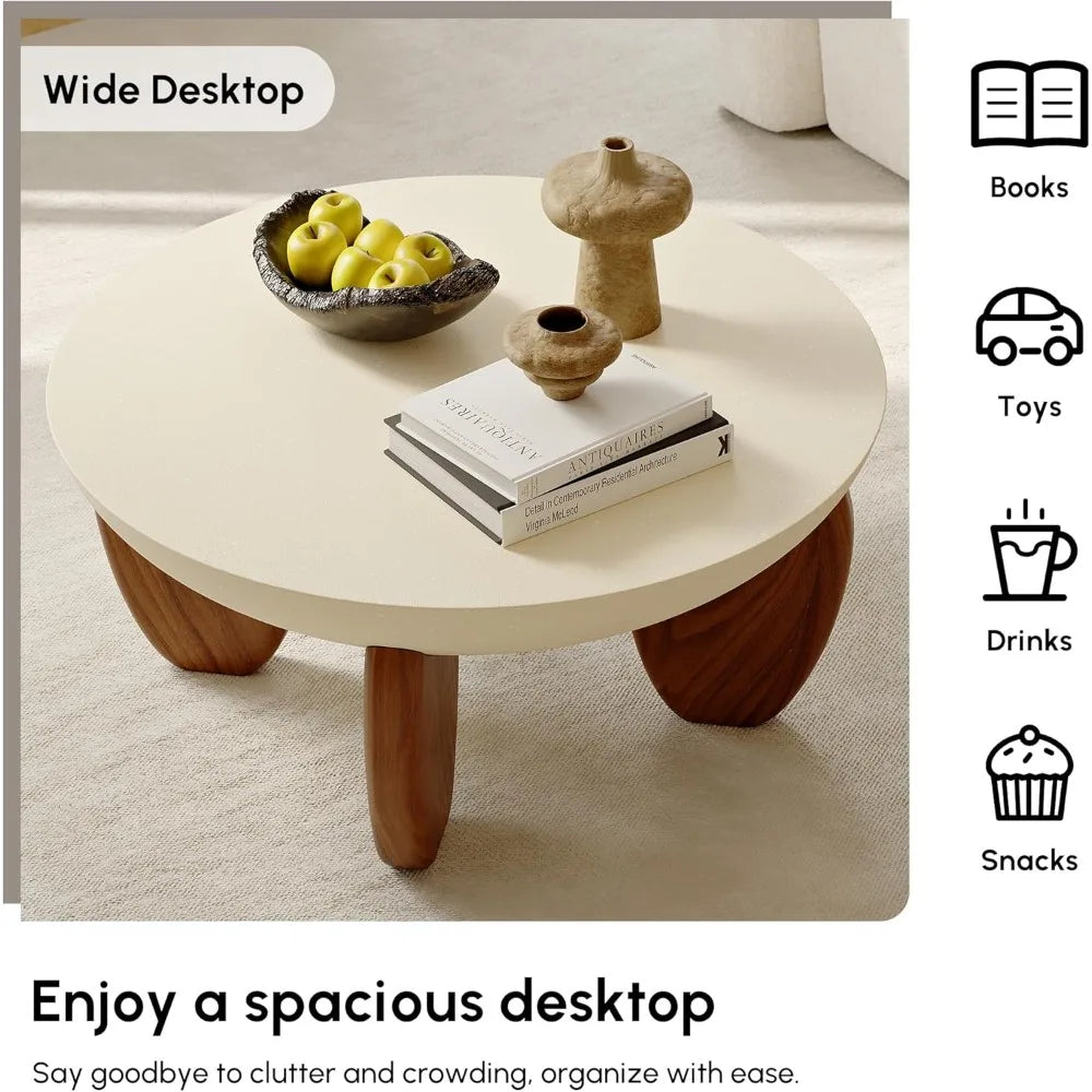 Round Concrete Coffee Table with Premium Walnut Ash Wood Legs