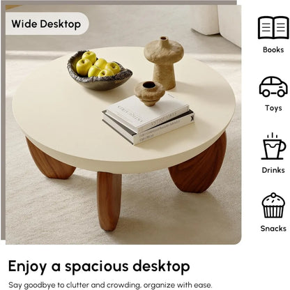 Round Concrete Coffee Table with Premium Walnut Ash Wood Legs