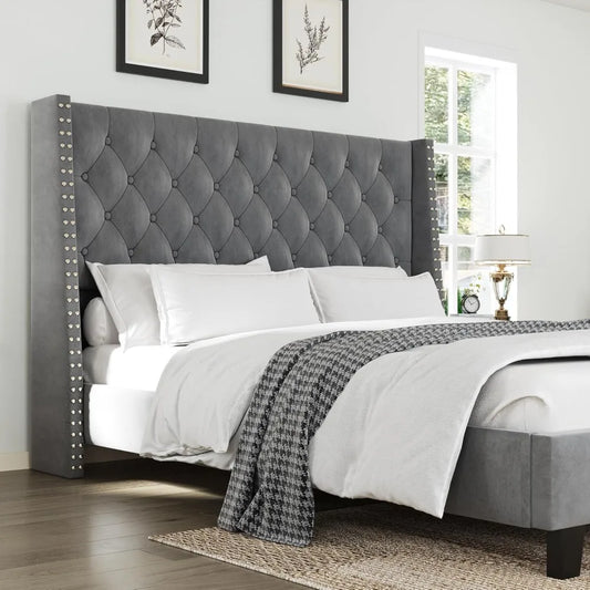 Modern Grey Queen Size Upholstered Platform Bed Frame