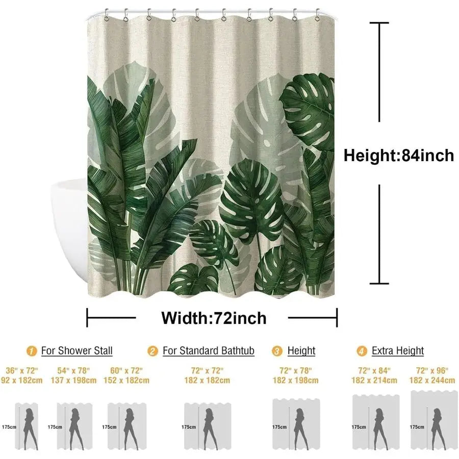 Linen Shower Curtain Long 72 W X 84 L Inch Tropical Green Leaf Shower Curtains Botanical Banana Monstera Leaf Palm Tree Waterpro