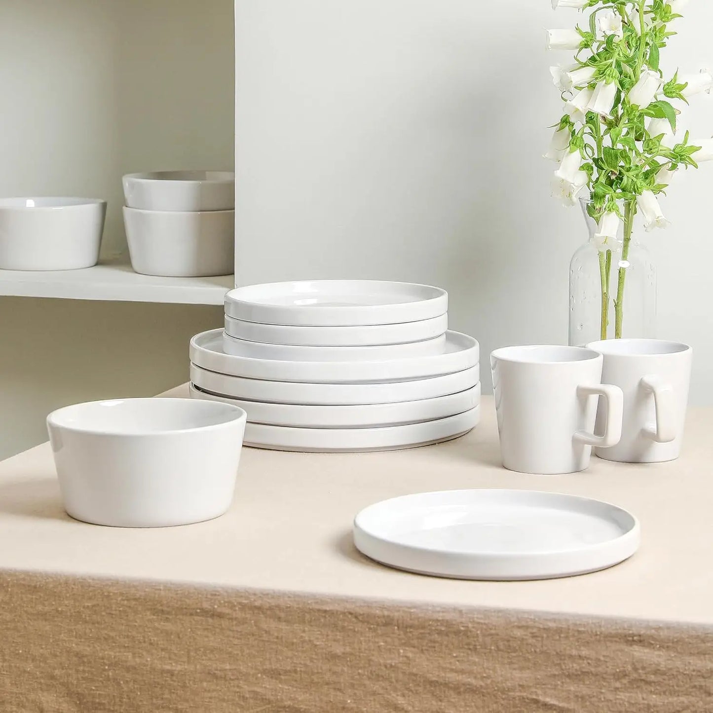 16-Piece Dinnerware Set for 4, White Glossy Plates and Bowls Set,