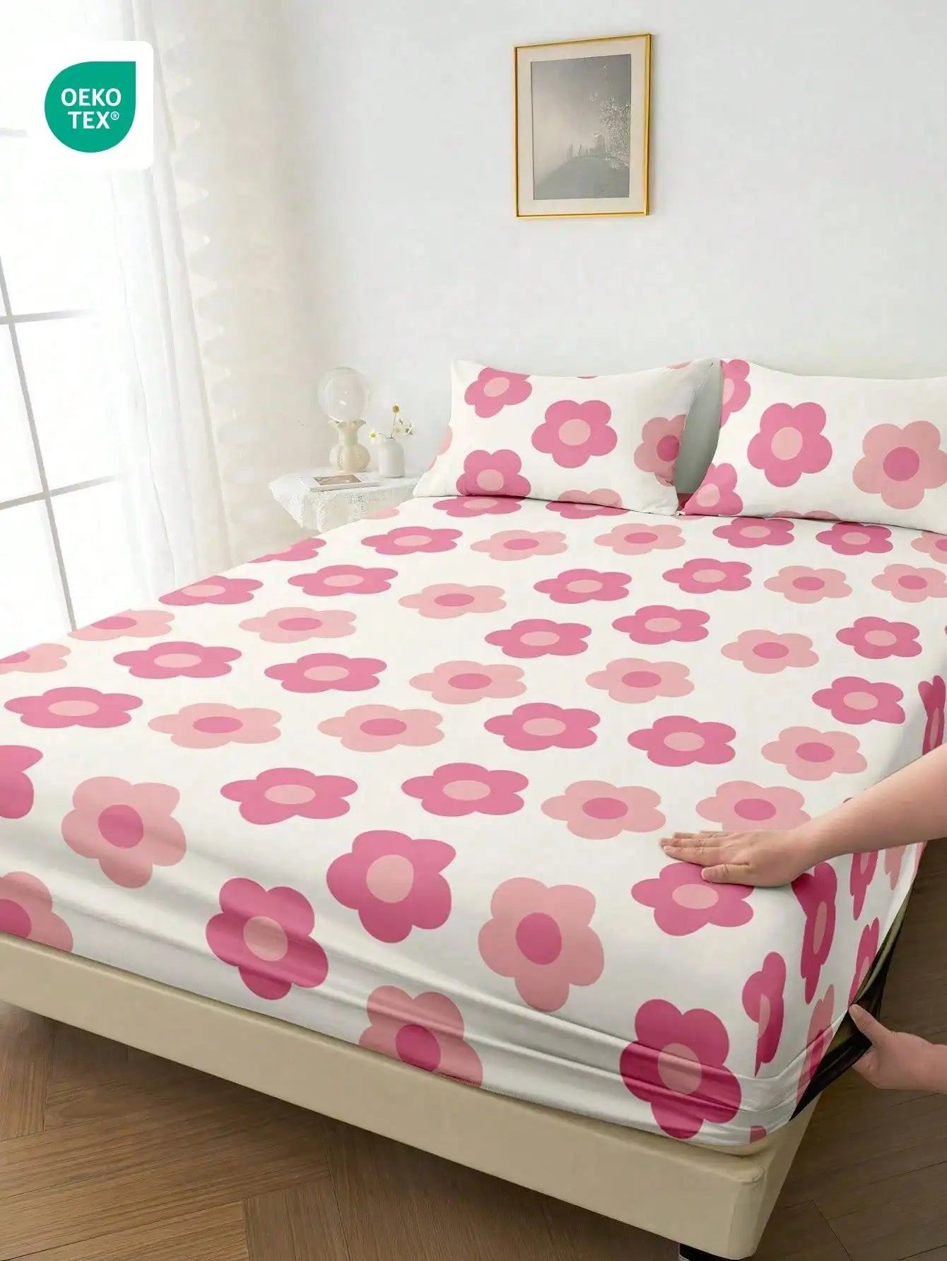 Pink Floral Print Fitted Sheet