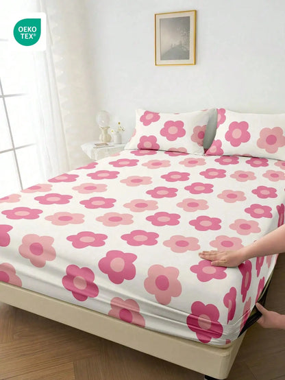 Pink Floral Print Fitted Sheet