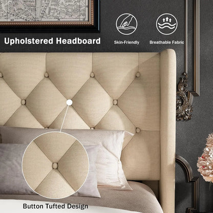 Queen Size Bed Frame with Button Tufted Upholstered Headboard