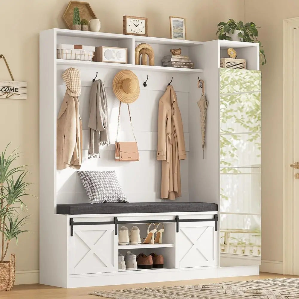 Hall Tree with Bench and Shoe Storage, Entryway Coat Rack
