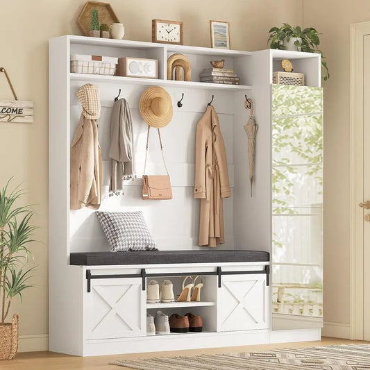 Hall Tree with Bench and Shoe Storage, Entryway Coat Rack