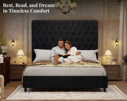 Queen Size Bed Frame with Velvet Headboard, Handcrafted Tufted Design