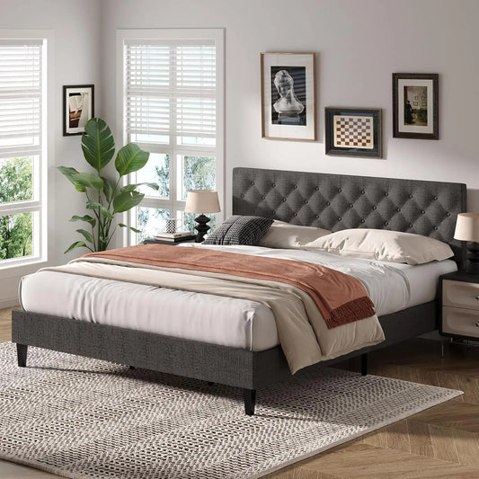 King Size Platform Bed Frame, Upholstered Button Tufted, Adjustable Headboard