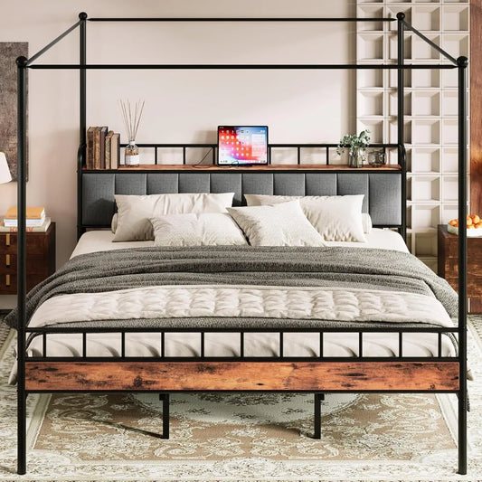 Canopy Bed Frame King, Storage Headboard