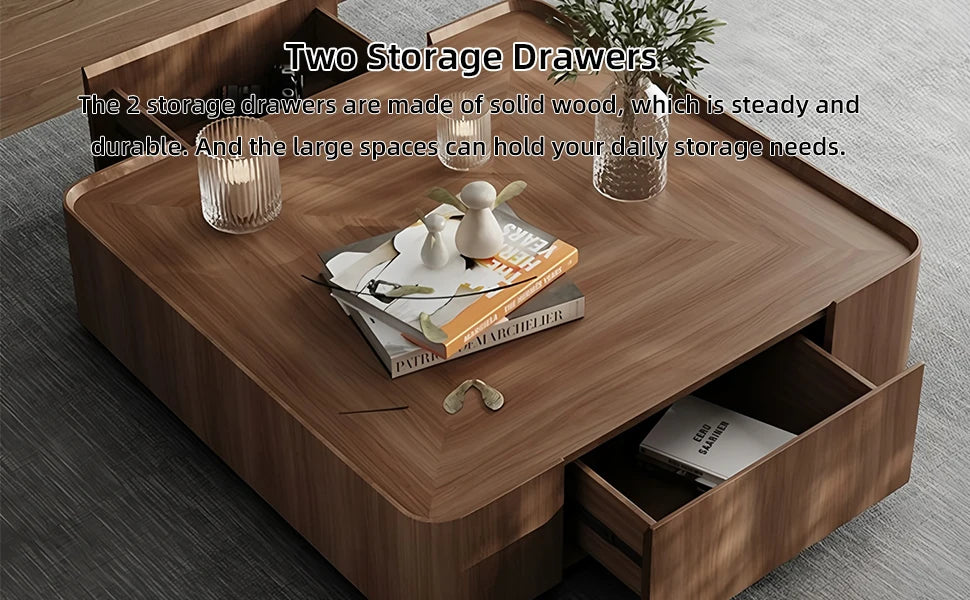 35.43" Luxury Walnut Wood Square Coffee Table, 
 Storage