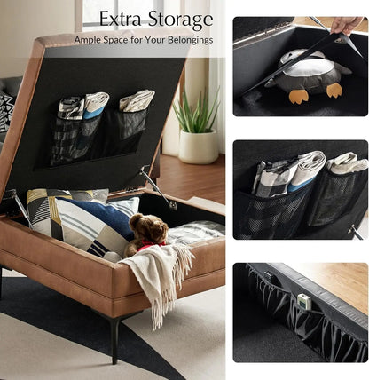 Faux Leather Coffee Table, 36.5" Square Storage Ottoman