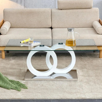 Glass Coffee Table, 47'' Modern Double MDF Leg and Silver Metal Bases