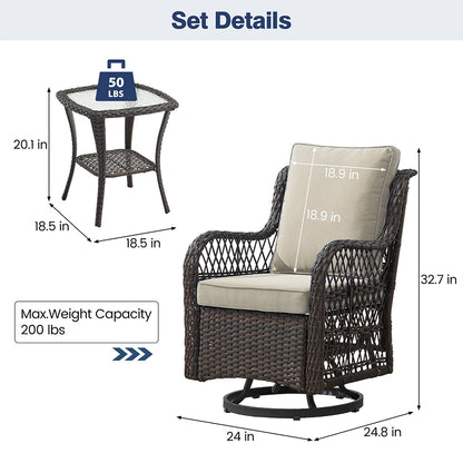 3-Piece Wicker Swivel Rocking Patio Set, 2 Chairs & Glass Table,