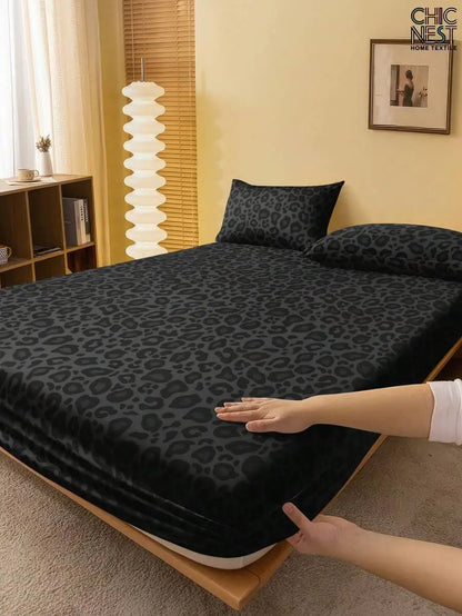 Navy Blue Ginkgo Leaf Print Fitted Sheet Set