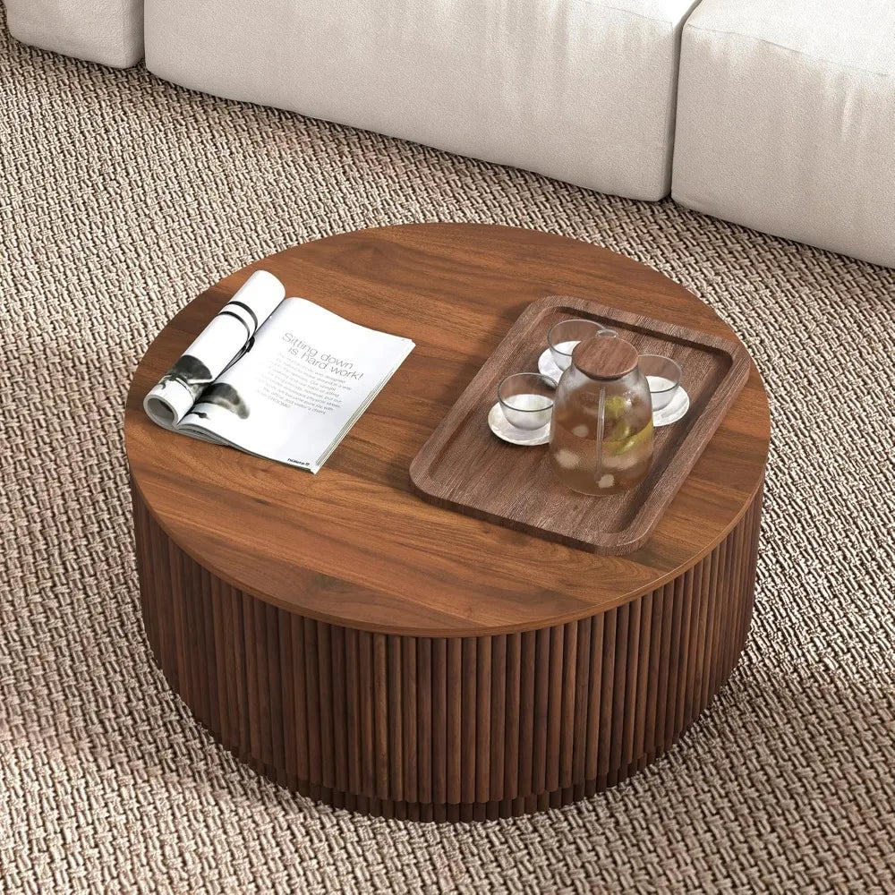 31.5" Round Coffee Table, Modern Fluted Base Wooden