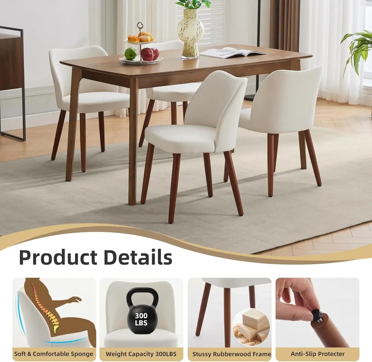 Linen Dining Chair Set of 4 with Wood Legs